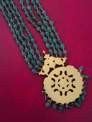 Jadau Kundan Long Chain Set | Real Kemp Stones | Oval Natural Green Glass Beads | Gold Polish | Free Shipping | Ships from California